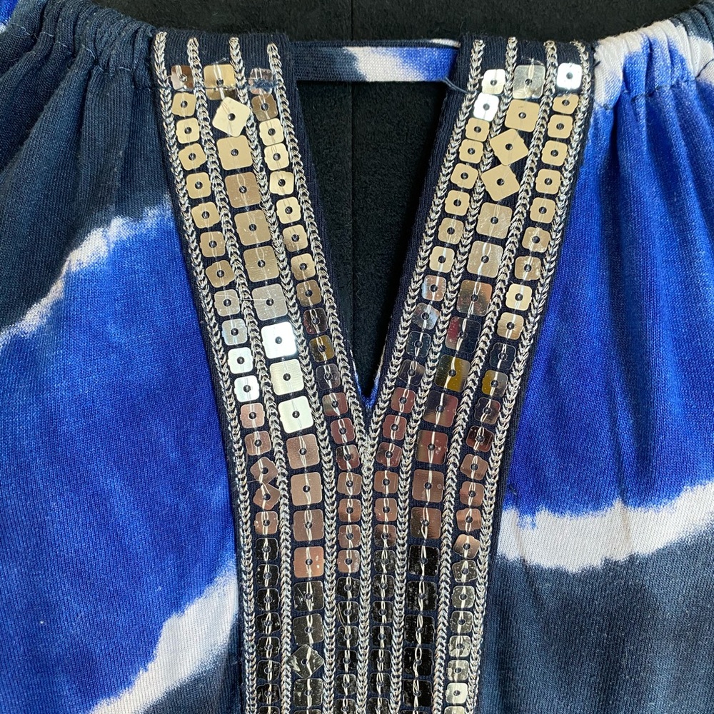 INC- Shades of Blue Tie Dye Summer Top With Silver Sequin Detail